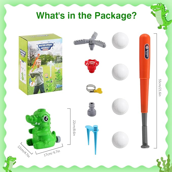 MoKo Water Sprinkler Baseball Toy for Kids Outdoor Play, 2 in 1 Baseball Water Games, 360° Rotatable Yard Sprayer Sprinkler, Toddler Outdoor Toys for Backyard Garden Lawn Pool, Green Crocodile