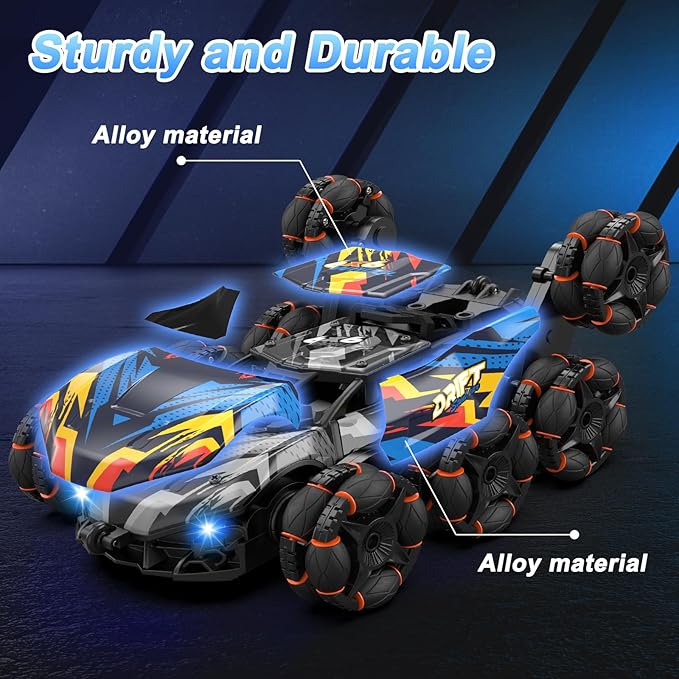 Scientoy Remote Control Car, 2.4Ghz RC Stunt Car Toys for Boys Girls Ages 6-8-10 with Lights Music Spray, 8 Wheels All Terrain RC Drift Car Toys for Ages 8-13 Birthday Gift with 2 Batteries