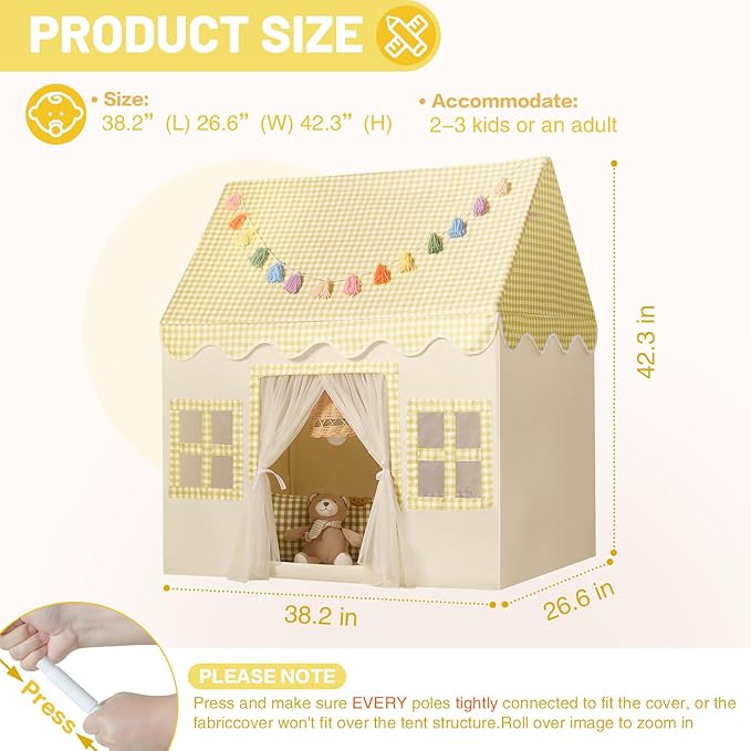 Kids Play Tent Indoor: Mat, Tassel Garland, Star Lights - Yellow Checkered Boys Tent Playhouse for Toddlers Kids Toys for Boy Girl Birthday Gift
