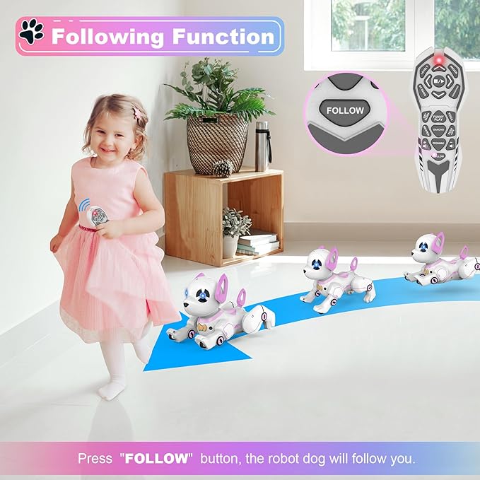 Remote Control Robot Dog Toy, RC Dog Programmable Smart Interactive Robotic Pets, RC Stunt Robot Toys Dog Imitates Animals Follow Functions for Boys Girls Toy RC Car Robot Dog Pink