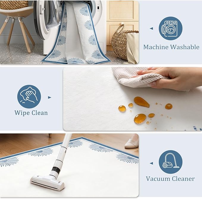 Modern White Rug 8x10, Low Pile Machine Washble Area Rugs, Soft Non Slip Rug for Bedroom,Sun Print Floor Carpet for Dining Room Table Living Room(8'x10',White/Blue)