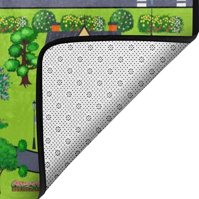 Kids Rug, Village Road Playmat Rugs - 5x7 Ft Kids Carpet with Rubber Backing, Cartoon American Style Village Theme House & Road Play Mat Nursery Rugs for Children Bedroom Playroom