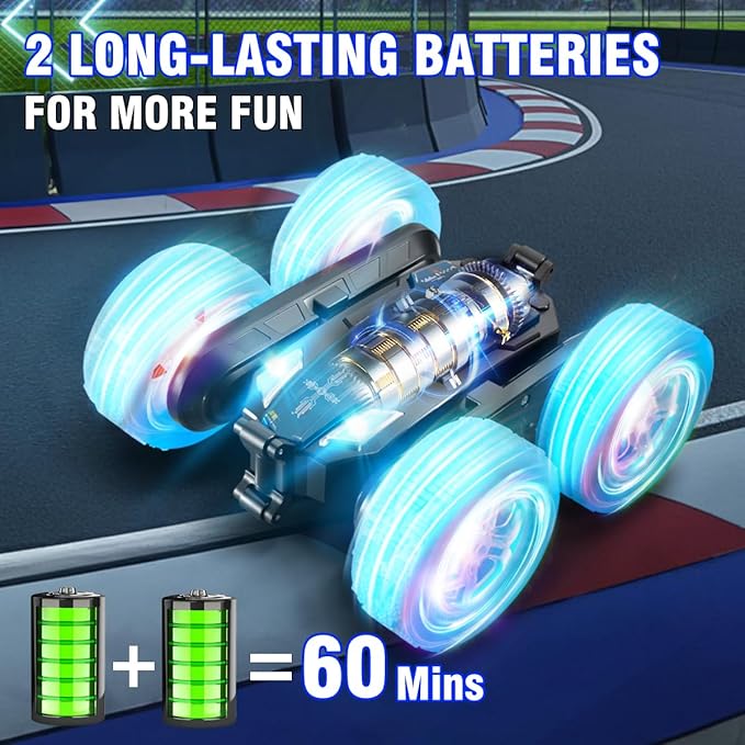 Remote-Control-Car-Stunt-RC-Car, New Upgraded 2.4Ghz 4WD Double-Sided 360° Rotating RC Crawler with Headlights & Wheel Lights, RC Truck Toy Cars Gift for Kids Boys and Girls Aged 6-12