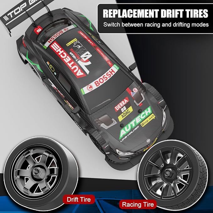 Dollox RC Drift Car 1/16 Scale Remote Control Car 2.4GHz 4WD 30+KM/H High Speed Vehicle with LED Lights, Extra Drifting Tires Racing Vehicle Toys Birthday Gifts for Boys Adults, 2 Batteries, Black