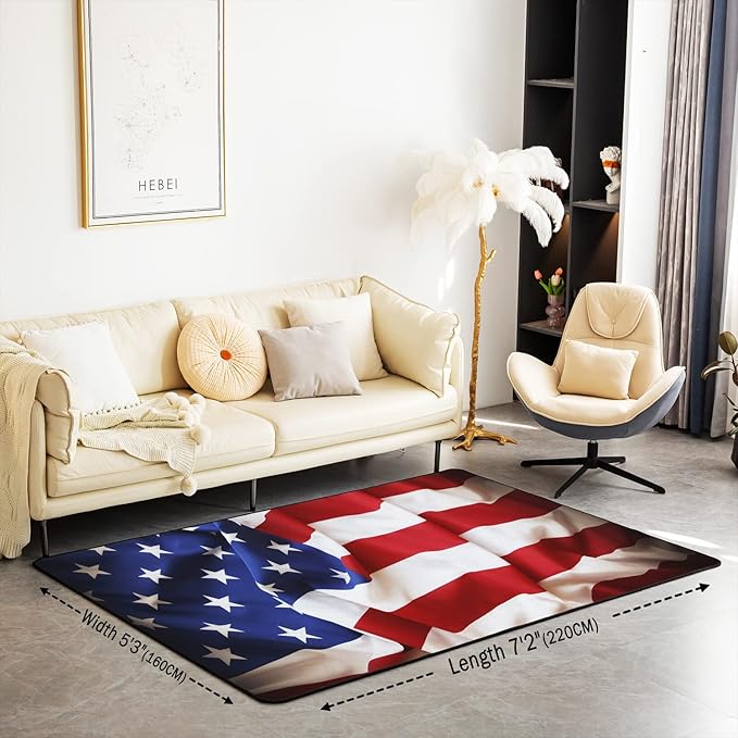 Erosebridal American Flag Area Rug 5x7, United States Rug for Kids Boys Teens, USA Federations Stars Carpet, Geometric Stripes Non Slip Blue White and Red Decorative Rug for Bedroom