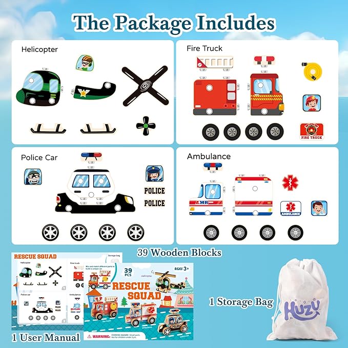 Emergency Vehicles 3D Puzzle Toy, HUZU Rescue Squad Wooden Snap Button Connection Building Blocks for Kids 3-8, Fire Truck Ambulance Police Car Helicopter Montessori Gifts for Preschool Children