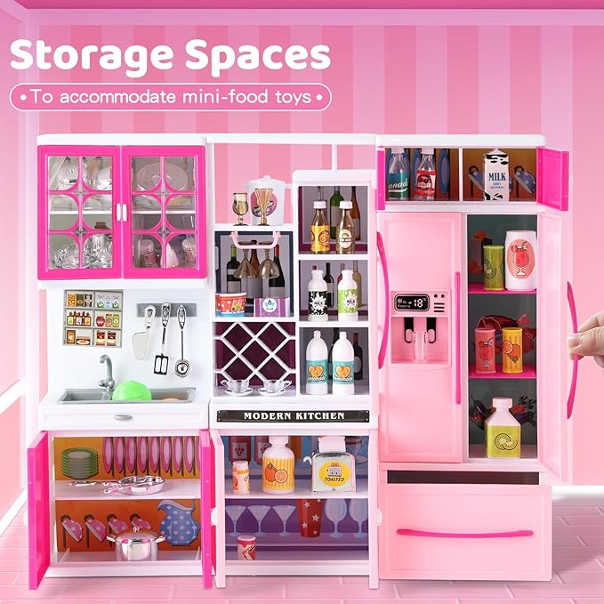 64 PCS Pink Kitchen Toys with Lights Sounds|Mini Kitchen House Furniture Sets for Kids Ages 4-8|Doll Playset Toys for Toddlers 3-5|Birthday Gifts for 3 4 5 6 7 8 Old Girls