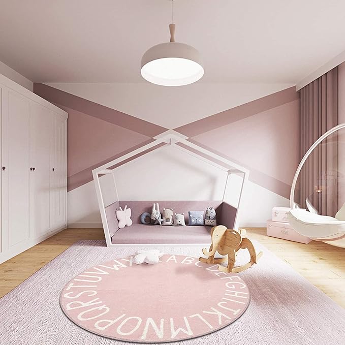 Topotdor Round Kids Play Rug Alphabet Nursery Area Rug Extra Large Soft Crawling Play Mat for Children Toddlers Bedroom (71 inch, Pink)