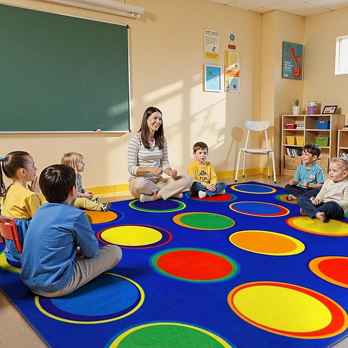 LIVEBOX Sitting Spots Kids Classroom Rug, Washable School Learning Area Rugs, Colorful Preschool Kids Classroom Carpet Non-Slip Playroom Mat for Daycare Learning, 6'x9'(Seats-20)