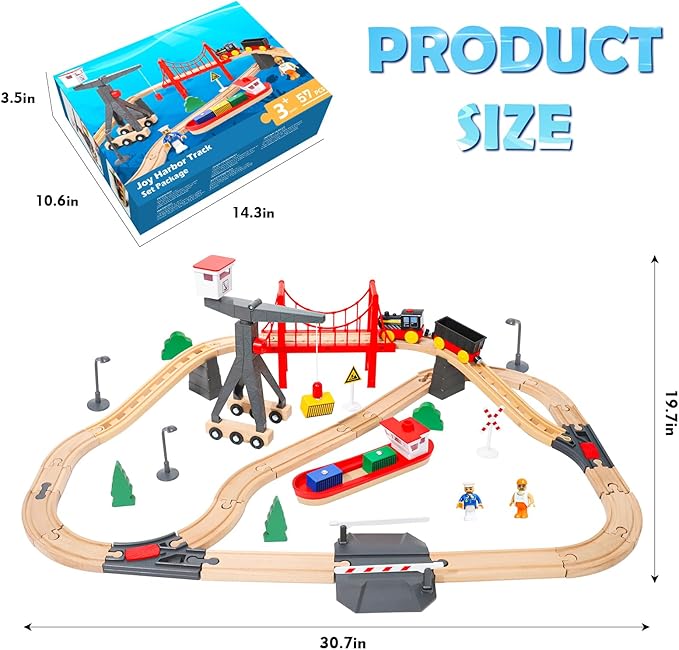 Wdmiya Wooden Train Set for Toddlers, 57 Pcs Wooden Train Track for Kids, Train Toy with Bridge and Tracks (Fits Thomas & Brio), Birthday Trains Gift for 2 3 4 5 6 7 8 Years Old (Harbor)