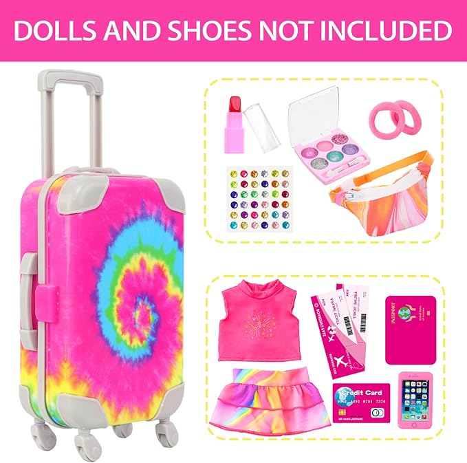 K.T. Fancy 14 PCS American 18 Inch Doll Travel Accessories Set - Rainbow Tie-Dye Suitcase Luggage with Waist Bag, Clothes, Makeup Kit, Phone Passport & Stickers (No Doll Included) Gift for Girls