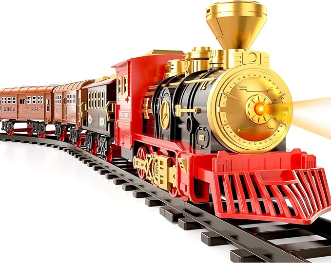 TEMI Train Set for Kids Toddlers 3-5, Train with Steam Engine, Cargo Car and Long Track, Rechargeable Battery Play Red Train Toys with Smoke, Light & Sounds, Gift for Boys & Girls 4-7 Years
