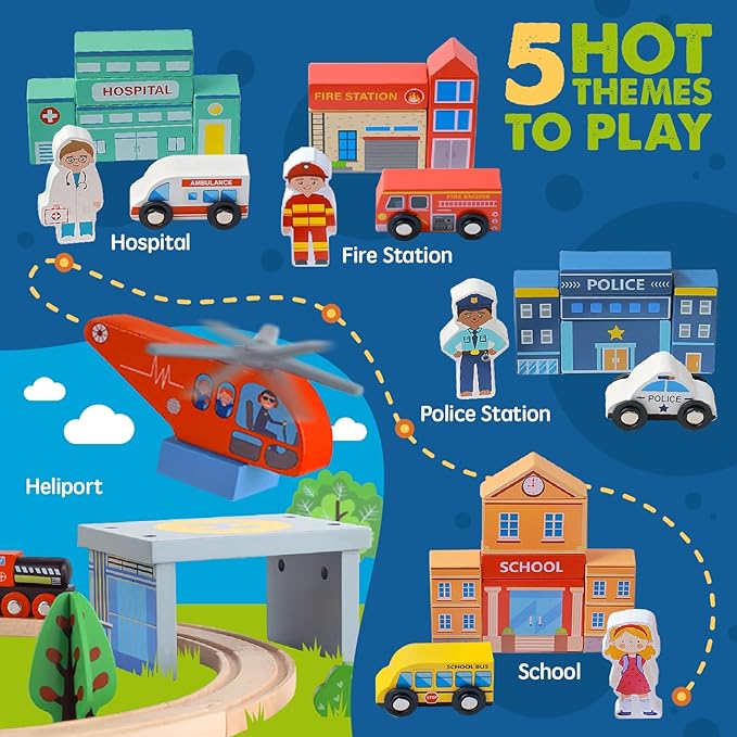 Tiny Land Train Set 110pcs Wooden Train Set, Toy Train Set with Tracks & Accessories, Montessori Toys for Boys & Girls Ages 3-7, Birthday Gift Railway Set for Toddlers & Kids