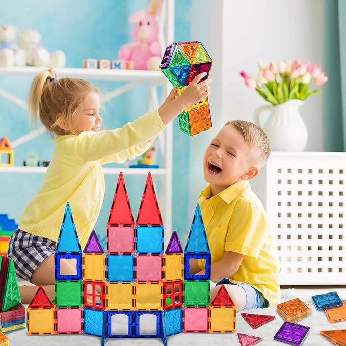 Magnetic Tiles, 102PCS Magnet Building Blocks with 2 Cars, 3D Diamond Magnetic Blocks, Construction Stem Toys for Kids, Educational Toys for Boys Girls Ages 3 4 5 6 7 8 (102 PCS)