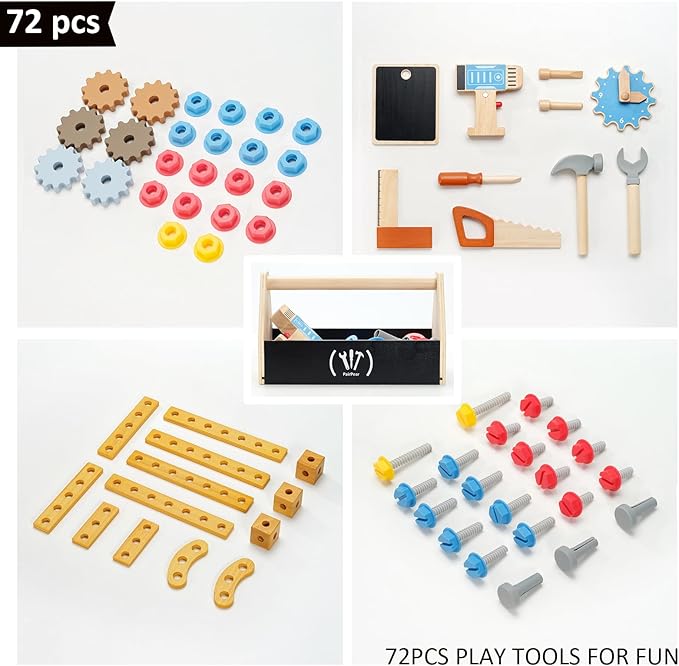 PairPear Wooden Kids Tool Bench, Toddler Workbench with 71 PCS Tool Set, Wooden Toy Play Worshop Toolbox with Drill, Hammer, and Construction Tools, Kids Gift for Boys & Girls 3+ Years Old