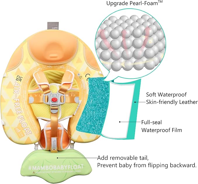 Mambobaby Float Add Tail Baby Swim Float with Canopy Solid Pool Infant Swim Trainer Swimming Training Lying Air Free Water Floats Non-Inflatable Waist Swim Ring for Toddlers (Pineapple)