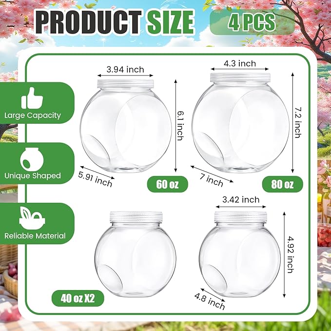 4 Pcs Plastic Candy Jar with Lid for Candy Buffet Large Storage Jar Clear Food Storage Canisters Kitchen Countertop Container for Cookies Beans Snacks Indoor Outdoor Wedding(40/60/80 oz)