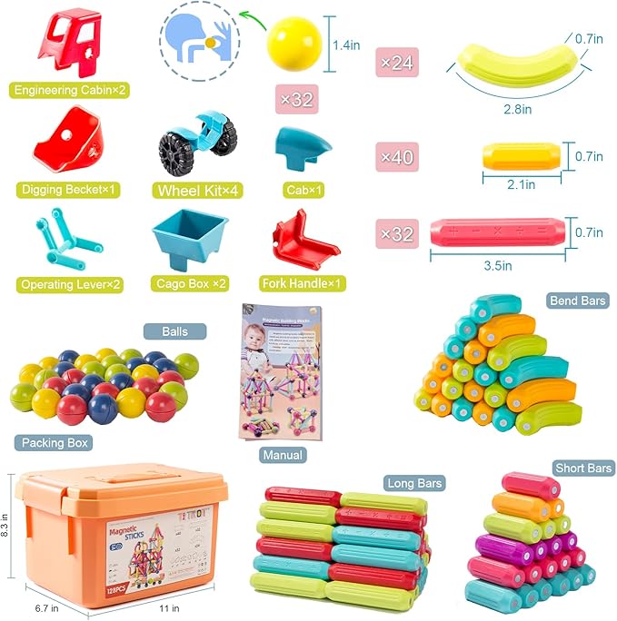 128Pcs Magnetic Blocks Kids Toys, Large Magnetic Building Sticks STEM Educational Sensory Toy Preschool Learning Montessori Toys for Toddlers Boys Girls Ages 3-8 with 2 Cars