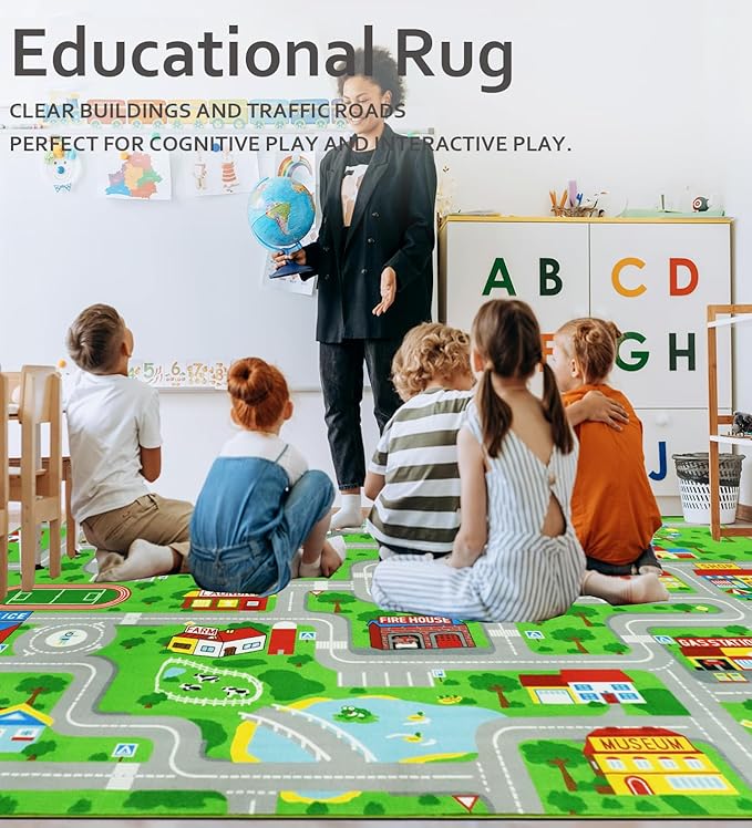 Educational Road Traffic Carpet Kids Carpet Playmat Car Rug Fun City Life Map Kids Car Rug Non Slip Play Carpet for Children Playroom Bedroom Classroom Decor (Green, 6'6''x9'8'')