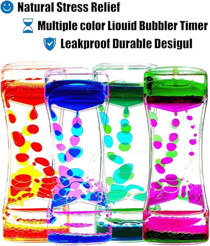 Liquid Motion Bubbler Timer Pack of 4 Colorful Hourglass Liquid Bubbler ADHD Fidget Toy Sensory Toys Anxiety Toys Autism Toys Children Activity Calm Relaxing Desk Toys for Kids Teenager Adults