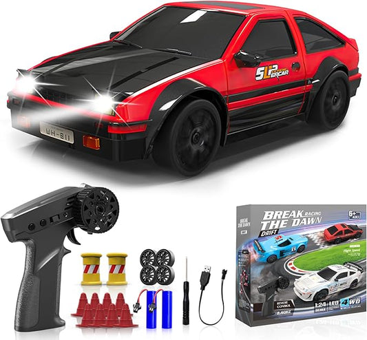 RC Drift Car, 1/24 Remote Control Car, 2.4Ghz 17KM/H High Speed RC Cars with LED Lights, Extra Tires, 2 Rechargeable Batteries, 4WD Racing Car Toys Christmas Birthday Gift for Kids Boys Girls Adults