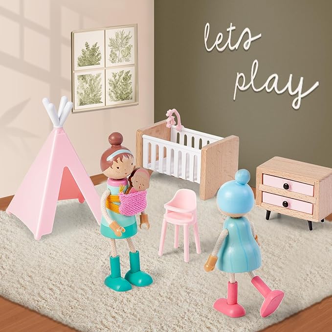 Giant bean 36pcs Wooden Dollhouse Furniture Set with Dolls for 5 Rooms, Wood & Plastic Pink Dollhouse Accessories Pretend Play Furniture Toy Christmas Birthday Gift Toy for Kids Boys Girls Toddler 3+