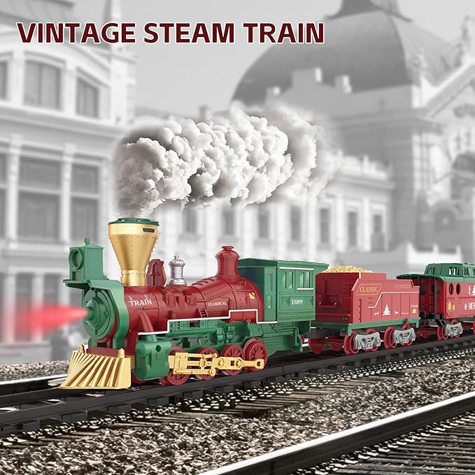 Electric Train Set Steam Toys with Remote Control,Christmas Train for Under The Trees with Smokes,Light & Sounds, for 3 4 5 6 7+ Years Old Kids