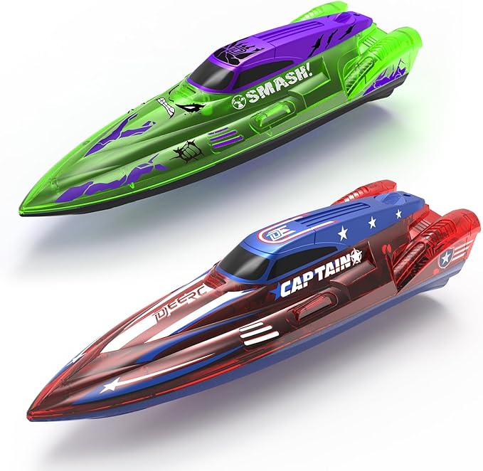 DEERC 2 Pack 13 inch Remote Control Boat for Kids, 4 Batteries, 2.4Ghz RC Racing Boat with LED Lights for Pools and Lakes, Summer Water Toy Gift for Boys 8-12