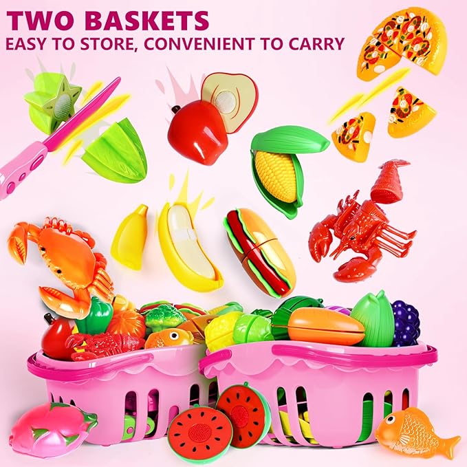 100 Pcs Play Food Set for Kids Kitchen, Pretend Food Toy for Toddlers, Play Kitchen Toys Accessories with 2 Baskets, Cutting Fake Food/Fruit/Vegetable, Christmas Birthday Gifts for Boys and Girls