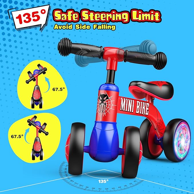 Baby Balance Bike 1-2 Year Old: Spider Toddler Bike Baby Bike for 10-24 Month with Colorful Lighting & 4 Wheels First Riding on Toys Spider Easter Birthday Gifts for One Year Old Boy Girl Gifts
