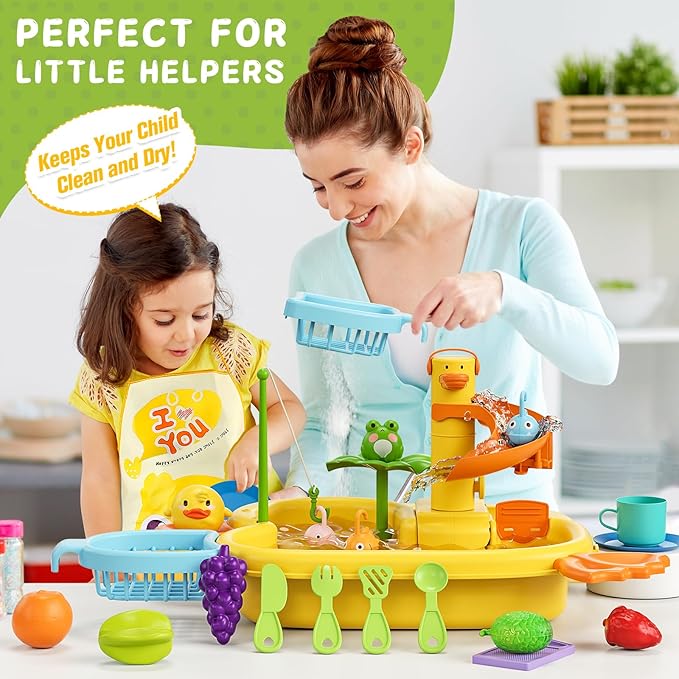 3-IN-1 Play Sink with Running Water, Kids Kitchen Sink Toys with Electric Duck Faucet, Pretend play kitchen accessories, play food, Water Slide Track, Pool Floating Fishing Game Gift Toy for BoysGirls