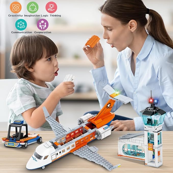 HOGOKIDS City Passenger Airplane Building Set - 711 PCS STEM 3 in 1 Airport Passenger Plane Building Block Toy with Baggage Truck Radar Tower Shuttle Bus for Boys Girls Kids Adults 6 7 8 9+ Years Old