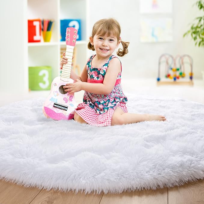 junovo Round Rug 5x5 Feet Fluffy Soft Area Rugs for Kids Girls Room Princess Castle Plush Shaggy Carpet Cute Circle Nursery Rug for Kids Girls Bedroom Baby Room Home Decor Circular Carpet, White