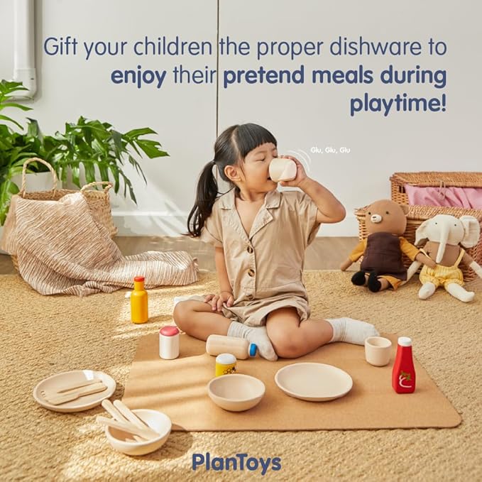 PlanToys Play Dishes Wooden Tableware Set - Sustainably Made from Rubberwood Featuring 2 Plates, 2 Spoons, 2 Forks, 2 Knives, 2 Drinking Cups, and 2 Bowls
