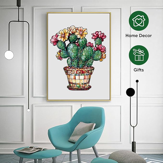 Stained Glass Cactus Wooden Puzzles for Adults, 200 Pieces Jigsaw Puzzles, Unique Shaped Medium Size Liberty Wood Puzzle Gift for Adults and Kids, Family Game 11.3'' x 13.2''