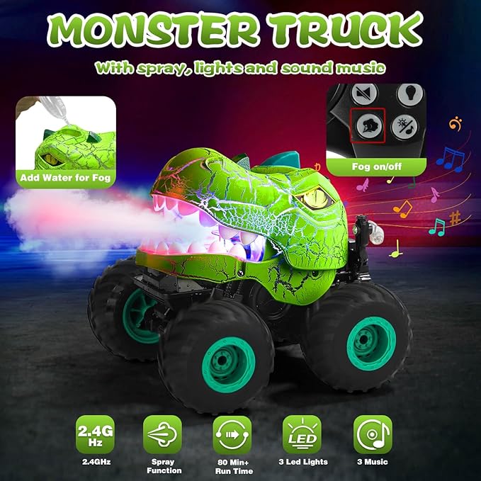 GEVINST Dinosaur Toys for Kids 5-7, RC Dinosaur Truck with Light Spray and Music, Christmas Birthday Gifts Toys for Ages 3 4 5-7 and up, All Terrain Off-Road Remote Control Cars