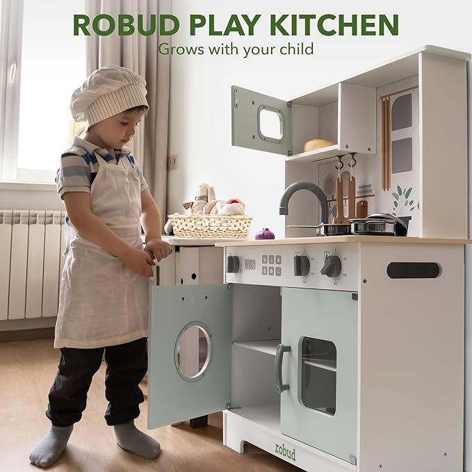 ROBUD Play Kitchen for Kids, Wooden Kids Kitchen Playset with Lights & Sounds, Pots, Cookware, Pretend Kitchen Gift for Boys Girls, Green Modern Look, Age 3+