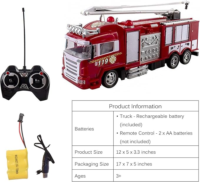 RC Fire Truck Rescue Engine Radio Remote Control w/ Music and Flashing Lights Rechargeable Battery