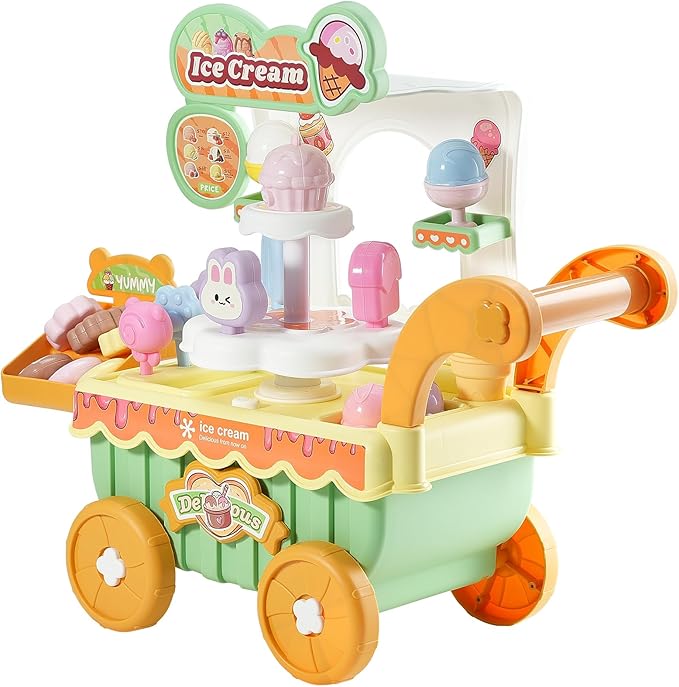 VEVOR Ice Cream Cart for Kids, 27 PCS Accessories, Pretend Play Store with Storage Trolley with Pretend Money, Sound & Light Effects, Montessori Educational Ice Cream Truck Toys for Toddlers 3+