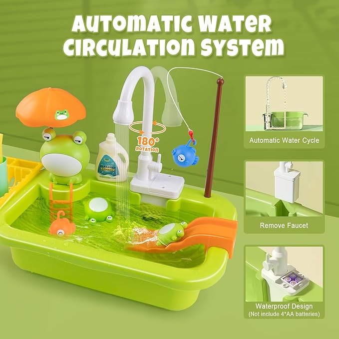 Play Sink with Running Water,Kids Sink Toy with Automatic Water Cycle System,Sink Fishing Game Toy with Food Kitchen Accessories,Kids Role Play Dress Up Dishwasher Toys for Boys and Girls Present