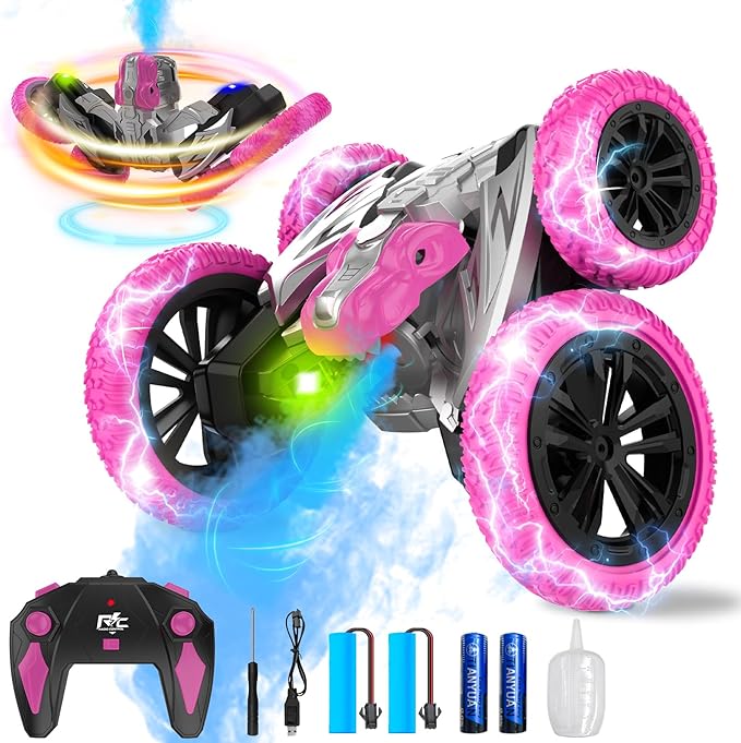 Remote Control Car, 360° Rotating RC Stunt Car with Lights and Spray, 2.4Ghz 4WD Double-Sided Driving RC Car Toys for Kids, Outdoor Dinosaur Truck Gift for Boys and Girls Age 4-7,8-12 (Pink)