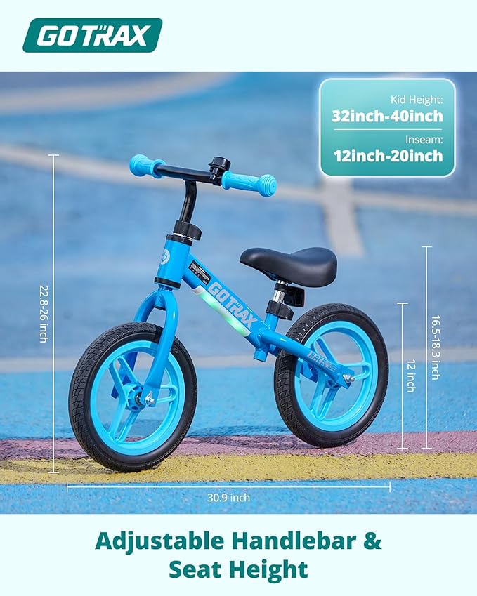 Gotrax KS12 Balance Bike for 2-5, 12" Toddlers Push Bike with LED Light, Adjustable Soft Seat & Handlebar, Flat-Free Tires & Easy Assembly Kids Bicycle, Lightweight & No Pedal, Gift for Boys Girls