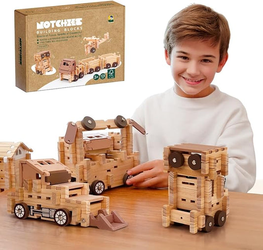 Jovi-mindly＆Notchies Wooden Blocks Train Set 101 PCS Create 40+ Shapes,Toys Educational Wooden Building Blocks Puzzles for Kids Ages 5-8 Boys and Girls,Truck/Excavator,FSC Certified,Graduate Gifts