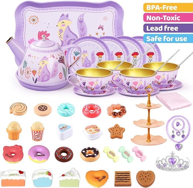 Tea Party Set for Little Girls, 49PCS Princess Tea Time Toy Including Tea Set Dessert Carrying Case, Kids Kitchen Pretend Playset, 3-8 Years Old Girls Boys Toddler Toys Birthday