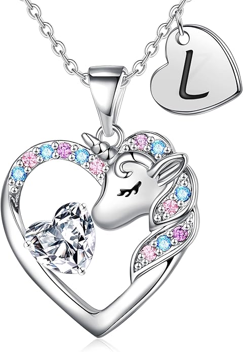 Necklace for Girls Kids Gifts - Colorful CZ Heart Initial Necklaces Unicorn Necklace for Girls Jewelry Birthday Graduation Gifts for Little Girl Kids