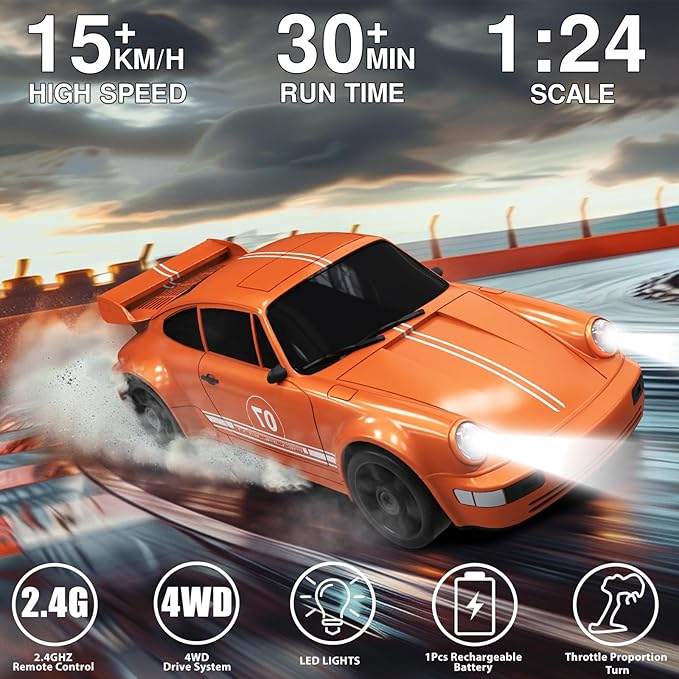 RC Drift Car 1:24 Remote Control Car 4WD 15KM/H High Speed Racing Sport Car with LED Lights RC Cars Toy Cars for Kids Boys Girls Adults Gifts Birthday Christmas Rechargeable Batteries
