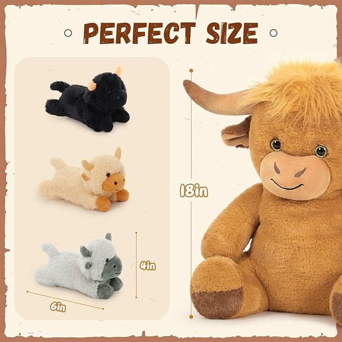 MorisMos Highland Cow Stuffed Animal Mommy with 3 Babies, 18" Scottish Cow Plush Toy Realistic Cattle Plushie Doll Home Farm Decor Gift for Kids Boys Girls