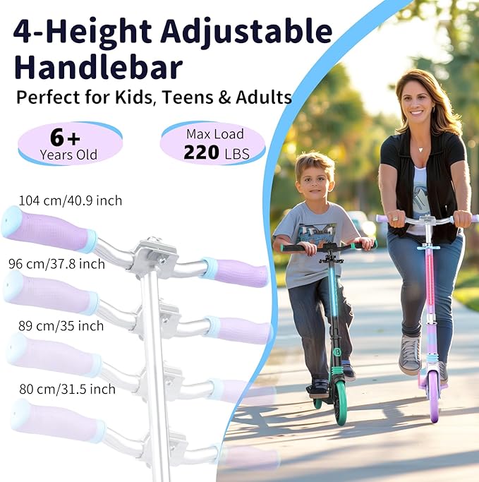 BELEEV V8 Scooters for Kids Ages 6+ with Light-Up Deck, 2 Wheel Folding Scooter for Adults Teens, 4 Adjustable Height, Lightweight Sport Commuter Scooter, Sturdy Frame, Max Load 220 lbs