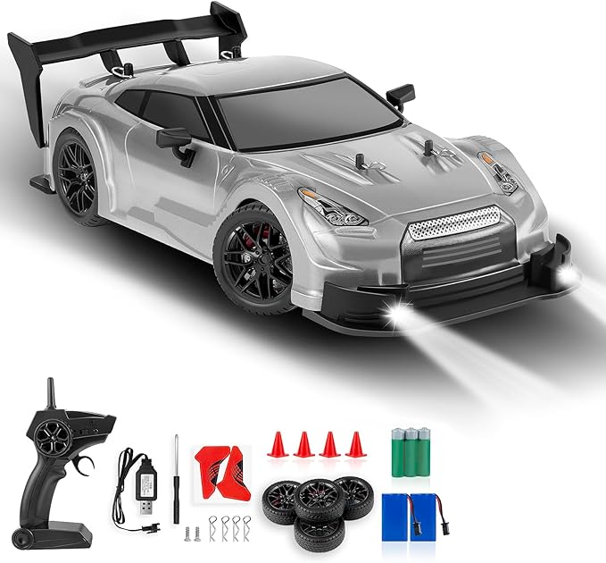 RC Drift Car, 1:16 Scale Drifting RC Cars, 2.4GHz 4WD RC Race Car, 40km/h High-Speed Remote Control Drift Car Vehicle, Racing Sport for Boys Girls Kids - 2 USB Rechargeable Batteries (Silver)