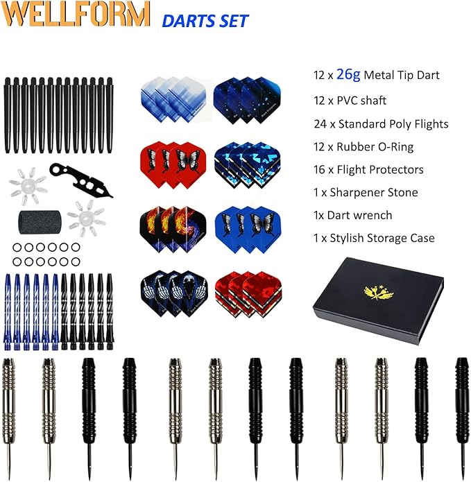 Darts Metal Tip Set，12 Pack 26 Gram Nonslip Iron Barrel, Darts Steel Tip Set Professional,with 12 Aluminum Dart Shafts, 24 Extra Flights, Dart Sharpener, Dart Wrench, Stylish Gift Box